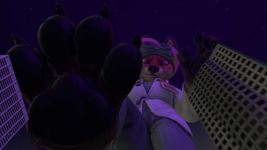 anthro canid canine city_crushing feet female fox hair hi_res jeroen01 macro mammal night pawpads pink_hair rache_(pawperty_damage) scientist size_difference