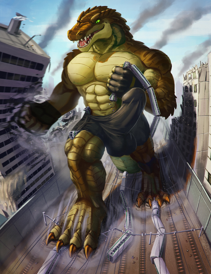 2023 5_fingers anthro balls_outline black_bottomwear black_clothing bottomwear building_destruction bulge clothed clothing crocodilian destruction digital_media_(artwork) fingers genital_outline hi_res holding_train male muscular muscular_anthro muscular_male open_mouth penis_outline plantigrade reptile scalie sharp_teeth solo teeth thb886 topless topless_anthro topless_male train vehicle