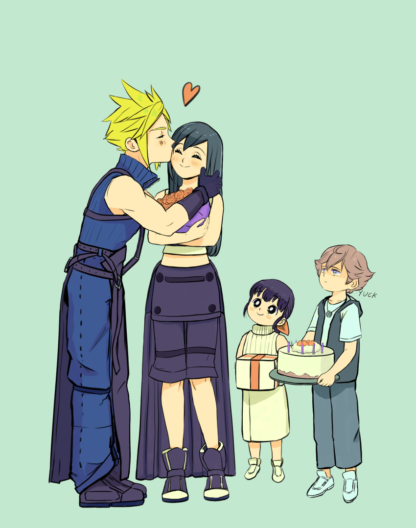 2boys 2girls absurdres apron bare_shoulders black_apron black_footwear black_gloves black_hair black_shorts black_vest blonde_hair blue_pants blue_skirt blunt_bangs blush bouquet bright_pupils brown_hair cake closed_eyes closed_mouth cloud_strife couple denzel english_commentary family female_child final_fantasy final_fantasy_vii final_fantasy_vii_advent_children flower food full_body gift gloves hair_ribbon heart high_collar highres holding holding_bouquet holding_gift holding_plate hugo_artist kiss kissing_cheek long_hair looking_at_another male_child marlene_wallace midriff_peek multiple_boys multiple_girls pants pink_ribbon plate ribbed_shirt ribbon shirt short_hair short_sleeves shorts sidelocks simple_background skirt smile standing sweater swept_bangs tank_top tifa_lockhart turtleneck turtleneck_sweater vest waist_apron white_footwear white_pupils white_tank_top