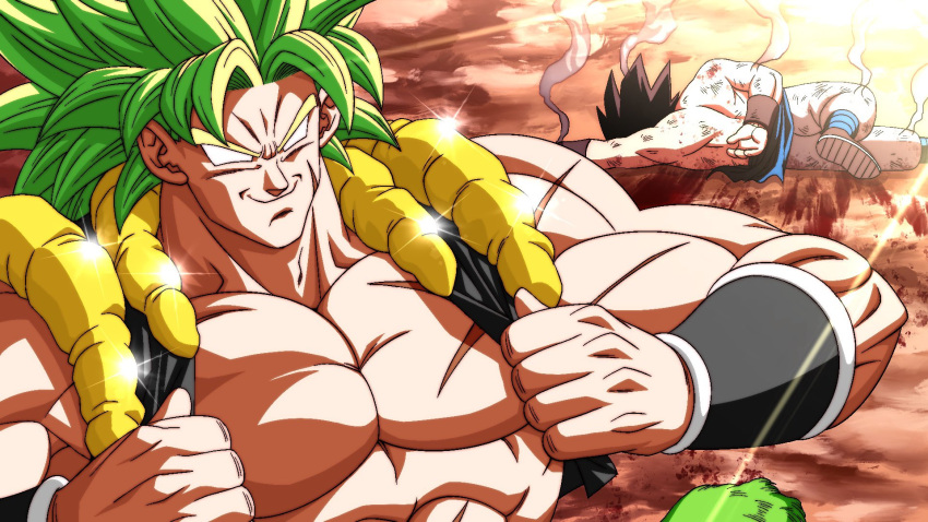 2boys baggy_pants battle_damage black_vest black_wristband blue_sash borrowed_clothes bracer broly_(dragon_ball_super) closed_mouth commentary crimson_x dragon_ball dragon_ball_super dragon_ball_super_broly english_commentary facing_viewer family_guy_death_pose_(meme) fur_(clothing) gogeta green_fur green_hair highres holding holding_clothes injury legendary_super_saiyan lens_flare male_focus meme metamoran_vest multiple_boys muscular muscular_male no_pupils on_ground pants pectorals pelt sash scar scar_on_cheek scar_on_chest scar_on_face smile smoke spiked_hair super_saiyan v-shaped_eyebrows vest white_pants