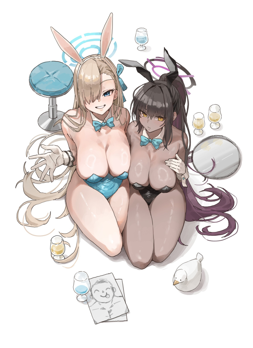 2girls absurdres animal_ears asuna_(blue_archive) asuna_(bunny)_(blue_archive) black_hair black_leotard blue_archive blue_bow blue_bowtie blue_eyes blue_leotard bow bowtie breasts cleavage closed_mouth cup dark-skinned_female dark_skin detached_collar drinking_glass fake_animal_ears gloves grin hair_over_one_eye halo high_ponytail highres karin_(blue_archive) karin_(bunny)_(blue_archive) large_breasts leotard light_brown_hair long_hair looking_at_viewer multiple_girls official_alternate_costume playboy_bunny rabbit_ears seiza sideboob simple_background sitting smile stool tray uuuron_cha very_long_hair white_background white_gloves yellow_eyes