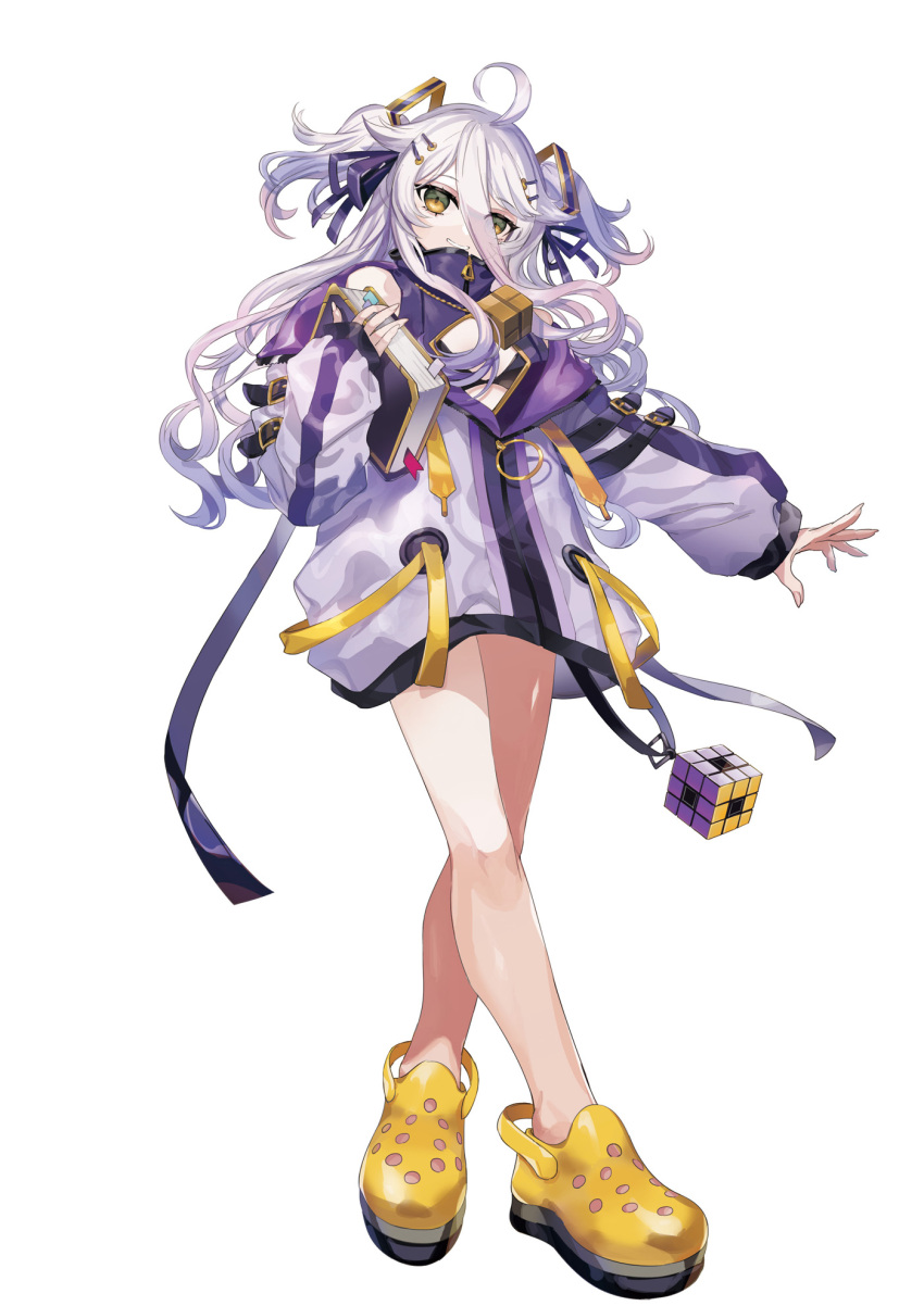 1girl arm_belt black_bra bra breasts cleavage_cutout clothing_cutout crocs dress full_body gradient_hair grey_hair hair_ornament hair_ribbon hairclip henya_the_genius highres jacket long_bangs long_hair looking_at_viewer multicolored_hair official_art puppeteer7777 purple_dress purple_hair purple_hood purple_jacket purple_ribbon ribbon rubik's_cube small_breasts smile standing two_side_up underwear virtual_youtuber vshojo yellow_eyes yellow_footwear zipper_pull_tab