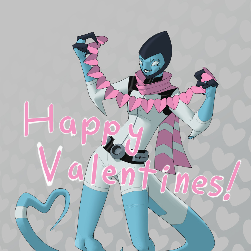 &lt;3 3_fingers absurd_res accessory alien alien_humanoid armor ben_10 biped bodysuit cartoon_network claws clothing digitigrade english_text facial_markings fan_character featureless_eyes female fingers furgonomics head_markings headgear heart_background helmet hi_res holidays humanoid kineceleran lumen_fox markings not_furry open_mouth pink_scarf scar scarf shaded skinsuit smile solo spikes spikes_(anatomy) tail tail_accessory teeth text tight_clothing torn_clothing valentine's_day white_clothing x-s_(lumen_fox)