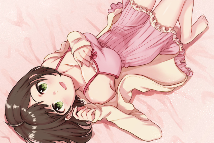 1girl bare_shoulders barefoot bed_sheet blush breasts brown_hair camisole cardigan collarbone dot_nose fang frilled_camisole frills from_above green_eyes hands_up highres idolmaster idolmaster_cinderella_girls idolmaster_cinderella_girls_starlight_stage knees_up large_breasts long_sleeves looking_at_viewer lying maekawa_miku on_back on_bed open_cardigan open_clothes open_mouth pink_camisole short_hair smile solo toes tori_ririisu yellow_cardigan