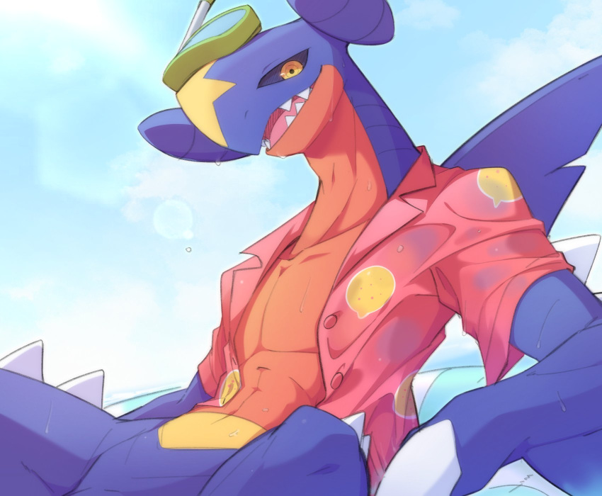 beach_style_garchomp black_sclera blue_body bottomless bottomless_male clothed clothing cloud d.summer day dorsal_fin dragon fin hi_res holowear_(pokemon) light light_beam male male_(lore) nintendo open_clothing open_mouth open_shirt open_topwear orange_clothing orange_shirt orange_topwear pokemon pokemon_unite scalie semi-anthro sharp_teeth shirt sky snorkel solo spikes spikes_(anatomy) sunbeam sunlight teeth topwear water_droplets wet wet_clothing wing_claws yellow_eyes