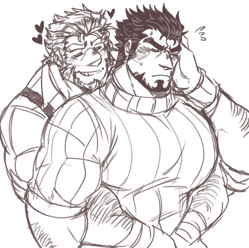 2boys arm_hair bara beard blush collared_shirt couple embarrassed facial_hair fire_emblem flying_sweatdrops garcia_(fire_emblem) gilliam_(fire_emblem) goatee greyscale grin hair_slicked_back hand_on_own_face heart highres hug hug_from_behind juggermelon large_pectorals long_sideburns male_focus mature_male monochrome multiple_boys muscular muscular_male pectorals shirt short_hair sideburns sketch sleeves_pushed_up smile striped striped_sweater sweater thick_eyebrows tight tight_shirt upper_body