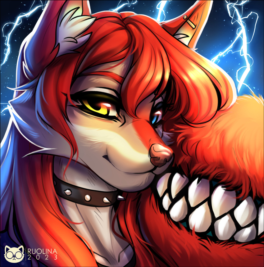 anthro bust_portrait canid canine canis clenched_teeth collar electricity female heterochromia hi_res legend_of_ahya lightning lightning_bolt mammal portrait ruolina solo tail tail_mouth taylor_renee_wolford_(darkflamewolf) teeth unusual_anatomy unusual_tail wolf