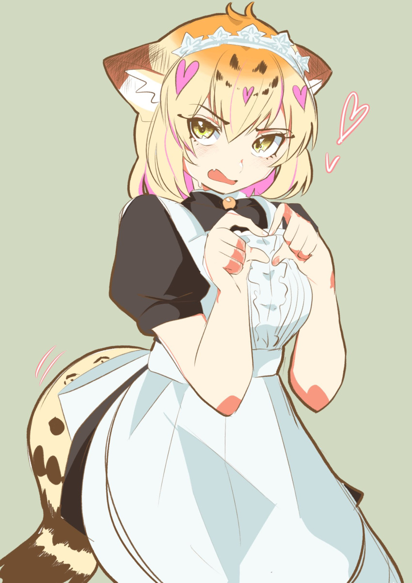 1girl alternate_costume animal_ears apron black_dress blonde_hair blush brown_hair center_frills cowboy_shot dress embarrassed enmaided fang frills heart heart_hands highres jaguar_(kemono_friends) jaguar_ears jaguar_girl jaguar_print jaguar_tail kamisamanosaba kemono_friends looking_at_viewer maid maid_apron maid_headdress multicolored_hair open_mouth puffy_short_sleeves puffy_sleeves short_hair short_sleeves solo tail white_apron yellow_eyes