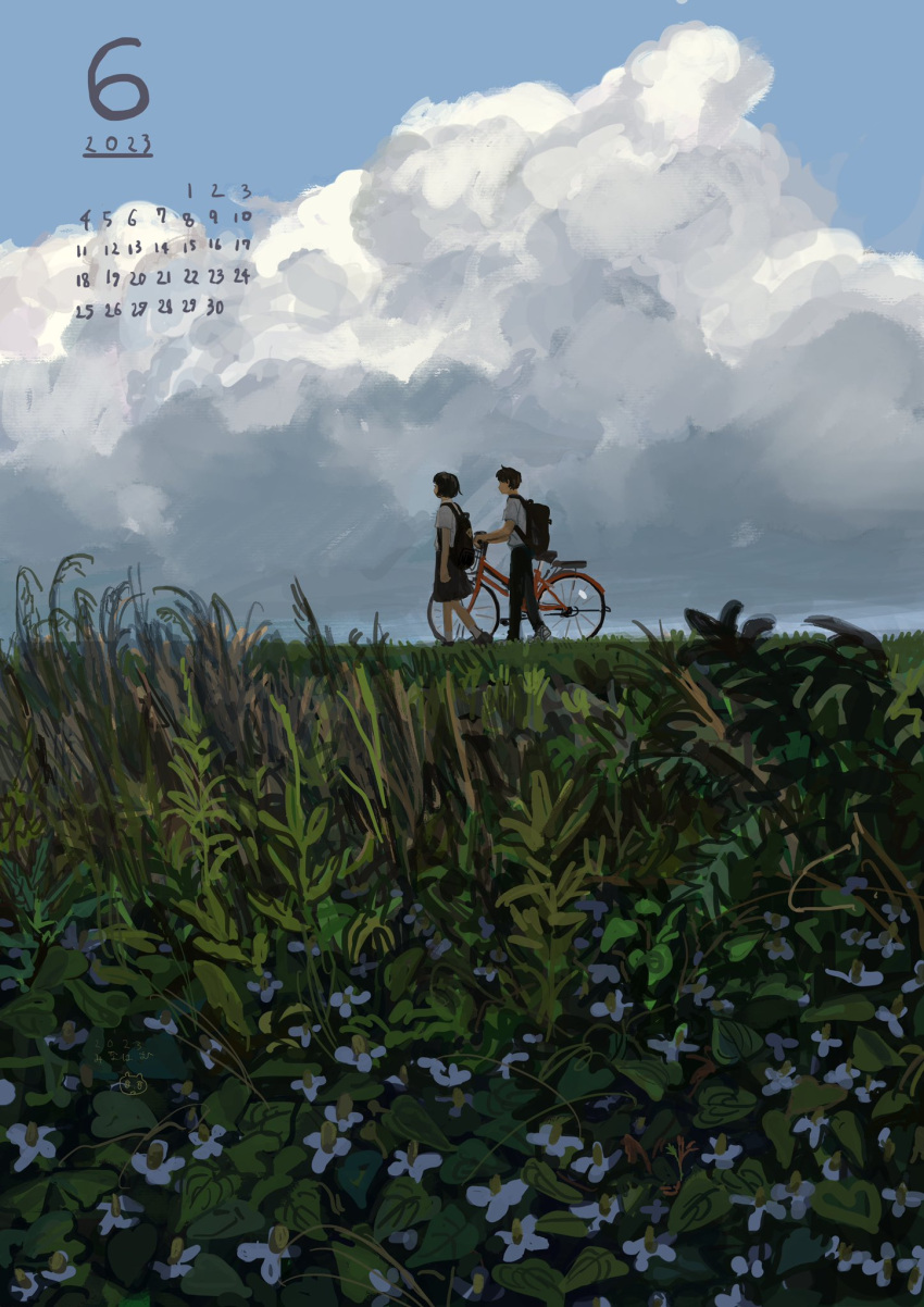 1boy 1girl backpack bag bicycle black_bag black_hair black_pants black_skirt blue_sky bob_cut calendar_(medium) cloud cloudy_sky commentary_request day faceless faceless_female faceless_male field flower flower_request from_side grass highres june minahamu original outdoors pants plant scenery school_uniform shirt shoes short_hair short_sleeves skirt sky sneakers socks walking walking_bike white_flower white_shirt white_socks wide_shot