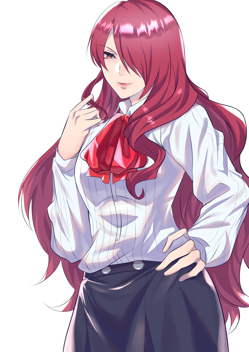 1girl absurdres beardedpotatosu black_skirt gekkoukan_high_school_uniform hair_over_one_eye hair_twirling hand_on_own_hip highres kirijou_mitsuru lips long_hair neck_ribbon persona persona_3 red_eyes red_ribbon ribbed_shirt ribbon school_uniform shirt skirt solo white_background