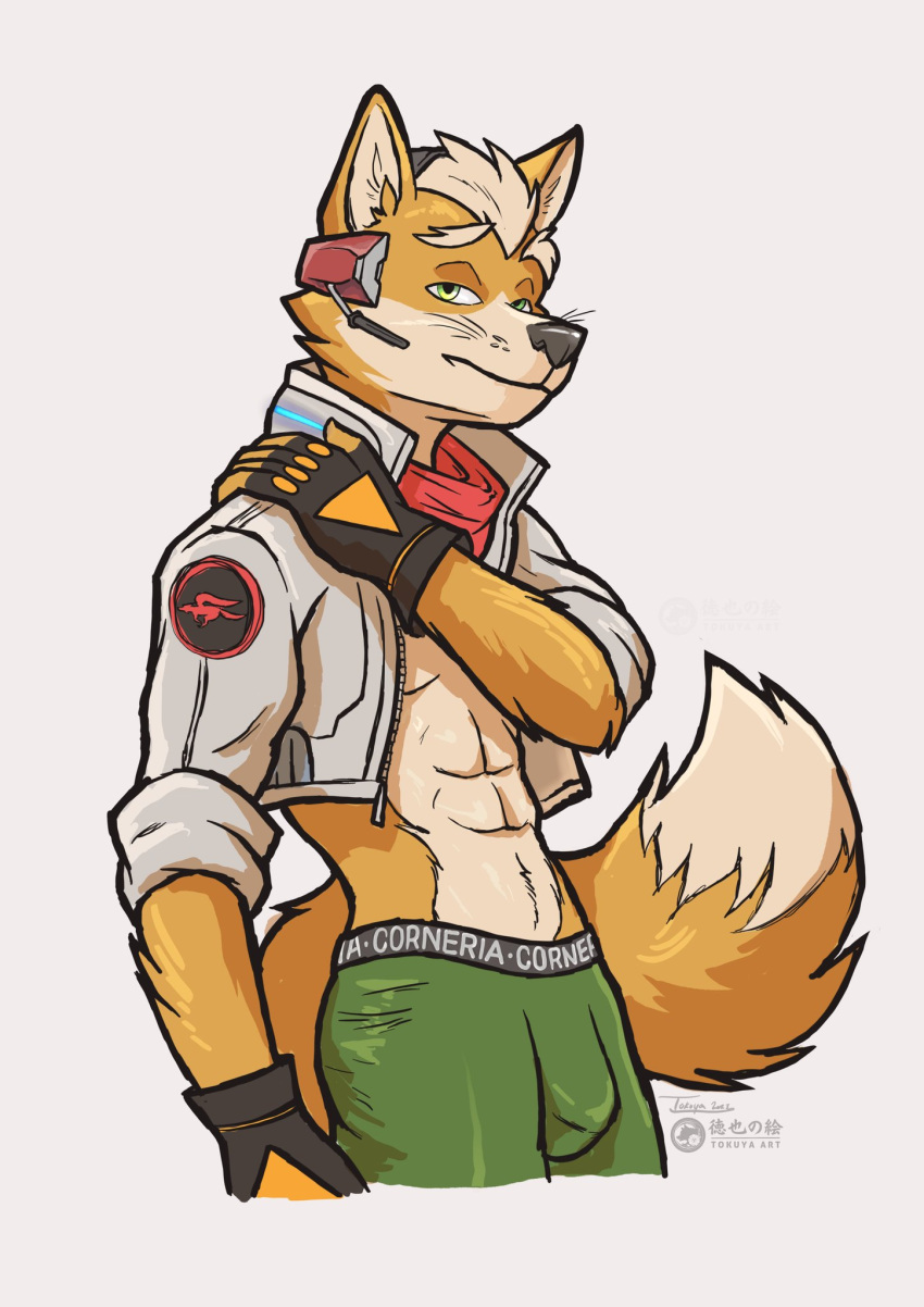 2023 abs anthro barazoku big_bulge bulge canid canine clothed clothing crop_top english_text eyebrows fingerless_gloves fox fox_mccloud fur gloves grey_background hair hand_on_head handwear headphones hi_res jacket looking_at_viewer male mammal microphone muscular muscular_anthro muscular_male narrowed_eyes navel neckerchief nintendo open_clothing open_jacket open_topwear shirt simple_background solo standing star_fox text text_on_clothing text_on_underwear tokuya topwear tuft underwear watermark whiskers