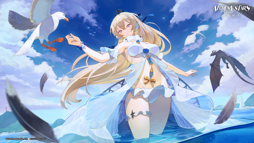 absurdres alchemy_stars bethlehem_(alchemy_stars) bikini bird blonde_hair boat bracelet dragon falling_feathers hair_ornament highres jewelry lighthouse long_hair ocean official_alternate_costume official_art seagull solo_focus swimsuit watercraft white_bikini