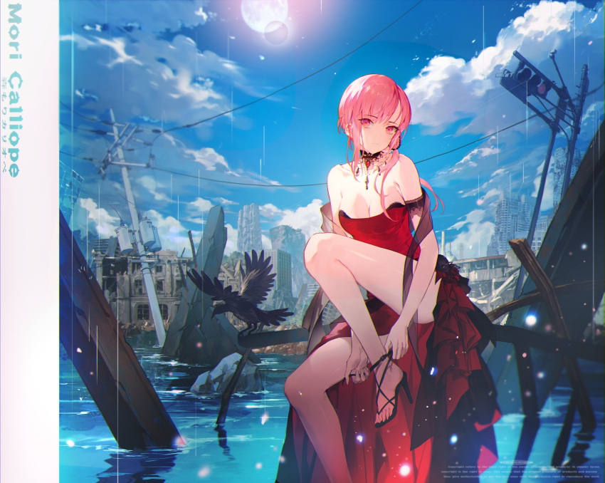 1girl bare_legs bare_shoulders bird blue_sky breasts cleavage cloud day dress highres hololive hololive_english junghoonpic7777 looking_at_viewer mori_calliope mori_calliope_(3rd_costume) outdoors pink_hair post-apocalypse power_lines red_dress ruins sitting sky solo strappy_heels traffic_light virtual_youtuber water