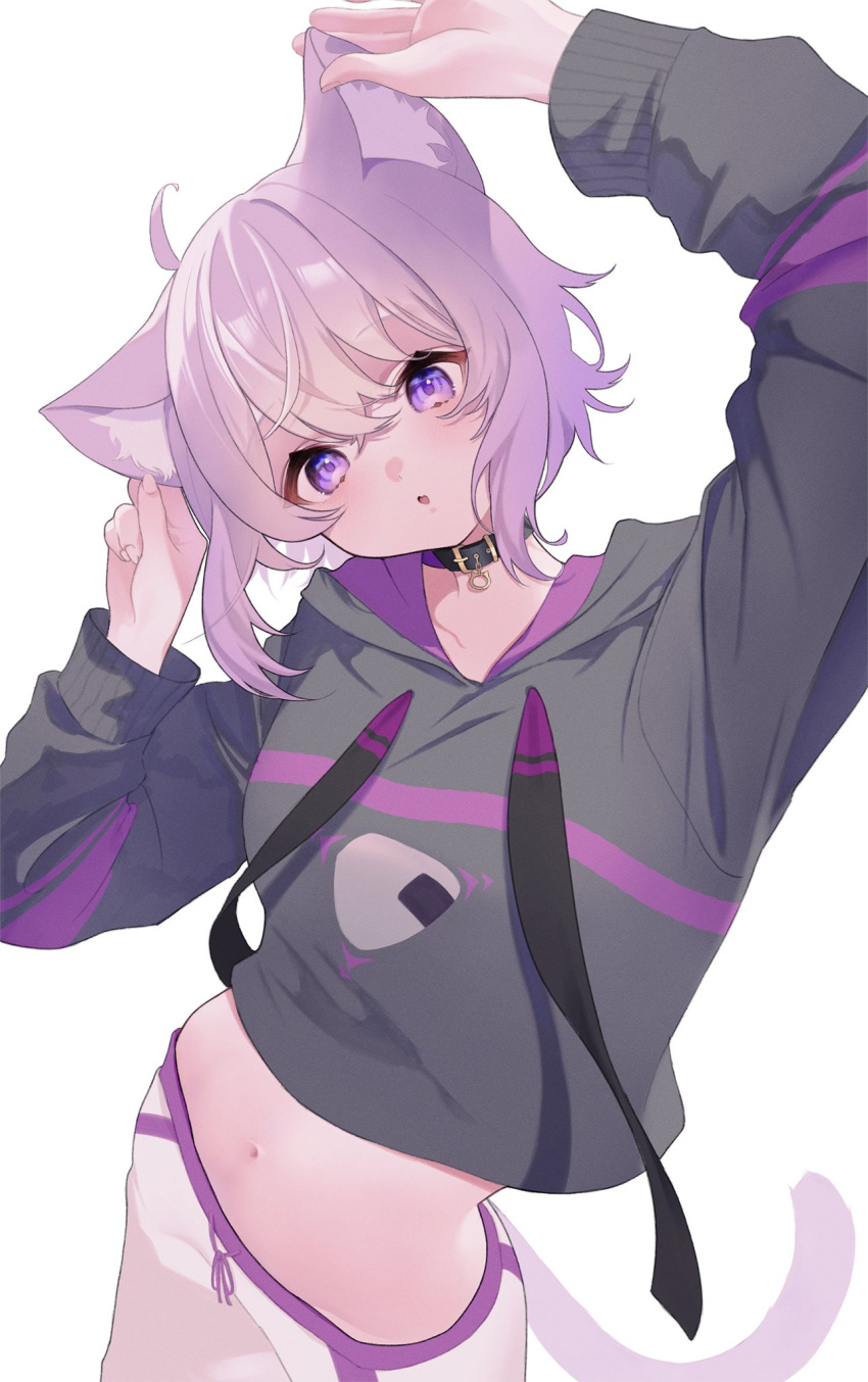 1girl :o ahoge amane_0e0 animal_ear_fluff animal_ears arm_up black_choker black_shirt cat_ears cat_girl cat_tail choker choppy_bangs food head_tilt highres hololive hooded_shirt looking_at_viewer medium_hair midriff navel nekomata_okayu nekomata_okayu_(1st_costume) onigiri pants purple_eyes purple_hair shirt standing tail white_background white_pants