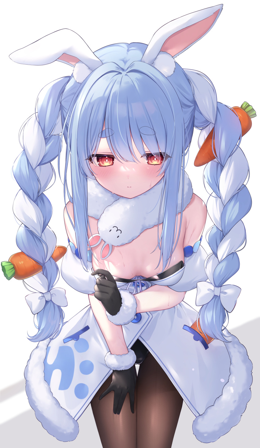 1girl absurdres animal_ear_fluff animal_ears black_gloves black_leotard blue_hair blush bow braid breasts brown_pantyhose carrot carrot_hair_ornament closed_mouth coat commentary_request detached_sleeves don-chan_(usada_pekora) food-themed_hair_ornament fur-trimmed_coat fur-trimmed_gloves fur_scarf fur_trim gloves hair_bow hair_ornament highres hololive leotard leotard_under_clothes long_hair multicolored_hair pantyhose puffy_detached_sleeves puffy_short_sleeves puffy_sleeves rabbit-shaped_pupils rabbit_ears rabbit_girl red_eyes scarf senagawa_roro short_eyebrows short_sleeves sidelocks simple_background solo strapless strapless_leotard symbol-shaped_pupils thick_eyebrows thigh_gap twin_braids twintails two-tone_hair usada_pekora usada_pekora_(1st_costume) virtual_youtuber wet white_bow white_coat white_hair white_scarf white_sleeves
