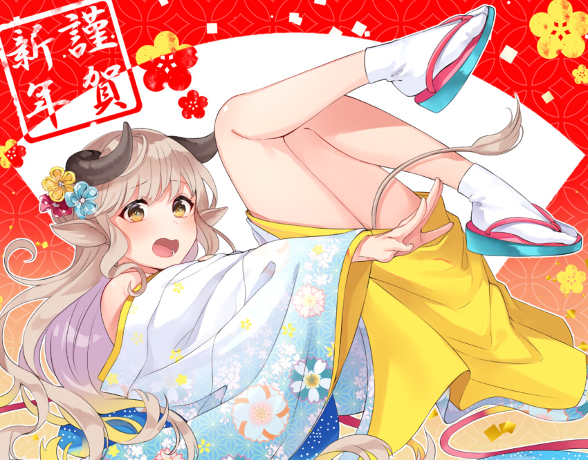 1girl animal_ears bare_shoulders blonde_hair blush chinese_zodiac cow_ears cow_horns cow_tail e_(eokiba) gradient_hair horns japanese_clothes kimono light_brown_hair multicolored_hair new_year open_mouth original socks solo tabi tail wavy_mouth white_socks year_of_the_ox zouri