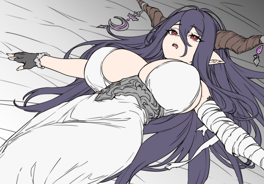 1girl bandaged_arm bandages bare_shoulders black_gloves breasts danua dress fingerless_gloves gloves granblue_fantasy hair_between_eyes horn_ornament horns houtengeki large_breasts long_hair lying on_back open_mouth pointy_ears purple_hair red_eyes sideboob solo white_dress