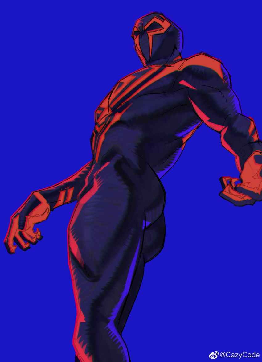 1boy ass bara blue_bodysuit bodysuit feet_out_of_frame from_below highres large_pectorals looking_at_viewer male_focus marvel mcbuckwheat muscular muscular_male outstretched_arm pectorals print_bodysuit red_bodysuit skin_tight solo spider-man:_across_the_spider-verse spider-man_(2099) spider-man_(series) spider-verse thick_thighs thighs two-tone_bodysuit