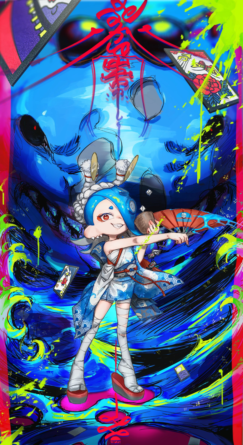 1girl absurdres aramaki_spla bandages blue_hair card chest_sarashi cup dice grin hachimaki hanafuda hand_fan headband highres japanese_clothes kimono nejiri_hachimaki red_eyes sarashi shark shiver_(splatoon) short_kimono smile splatoon_(series) splatoon_3 tentacle_hair