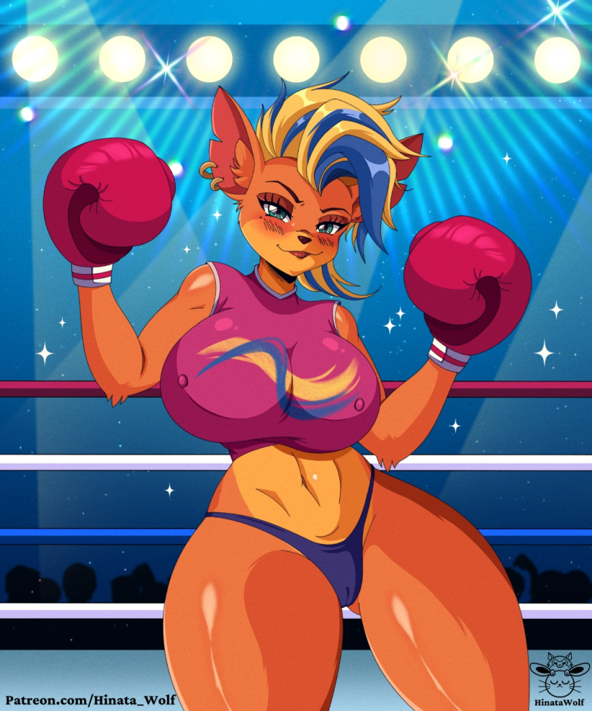 5:6 activision anthro big_breasts blush breasts camel_toe clothing crash_bandicoot_(series) female fighting_ring fur genitals hi_res hinatawolf lips lipstick looking_at_viewer makeup nipples orange_body orange_fur panties pirate_tawna pussy shirt smile solo text topwear underwear url