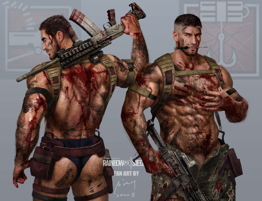 2boys abs absurdres artbyming back bara black_hair black_male_underwear blood blood_on_body blood_on_clothes briefs copyright_name dated facepaint facial_hair green_pants gun highres holding holding_gun holding_weapon kapkan_(rainbow_six_siege) knife large_pectorals male_focus male_underwear multiple_boys muscular muscular_male navel open_pants pants pectorals rainbow_six_siege short_hair tachanka_(rainbow_six_siege) topless_male underwear weapon weapon_in_mouth