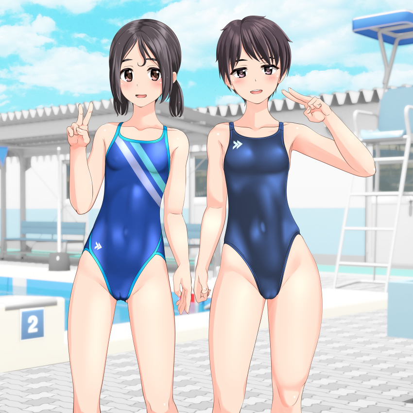 2girls absurdres black_hair black_one-piece_swimsuit blue_one-piece_swimsuit blue_sky breasts brown_eyes cameltoe cloud collarbone commentary_request competition_swimsuit covered_navel day feet_out_of_frame highres lifeguard_chair logo looking_at_viewer low_twintails multiple_girls one-piece_swimsuit original outdoors pool poolside short_hair sky small_breasts starting_block swimsuit takafumi twintails v