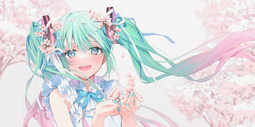 1girl :d absurdres blue_eyes blue_nails blue_ribbon cherry_blossoms floating_hair flower gradient_hair green_hair hair_between_eyes hair_flower hair_ornament hatsune_miku highres long_hair looking_at_viewer miku_day moro_(from_m0r0) multicolored_hair nail_polish neck_ribbon open_mouth pink_flower pink_hair ribbon shirt sleeveless sleeveless_shirt smile solo spring_(season) twintails upper_body very_long_hair vocaloid white_shirt