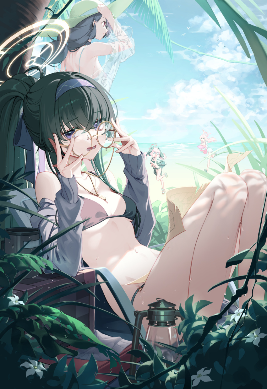 &lt;|&gt;_&lt;|&gt; 4girls beach bikini black_bikini black_hair black_wings blue_archive breasts commentary day english_commentary flower glasses grey_jacket hairband halo hanako_(blue_archive) hanako_(swimsuit)_(blue_archive) hat head_wings highres hinata_(blue_archive) hinata_(swimsuit)_(blue_archive) jacket knees_up koharu_(blue_archive) koharu_(swimsuit)_(blue_archive) large_breasts legs long_braid long_hair long_sleeves multiple_girls ocean official_alternate_costume penguin_say pink_hair pink_halo ponytail purple_eyes purple_hairband red_halo round_eyewear small_breasts straw_hat swimsuit ui_(blue_archive) ui_(swimsuit)_(blue_archive) very_long_hair white_flower wings yellow_halo
