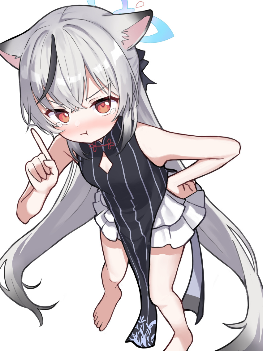 1girl absurdres animal_ears bare_arms bare_legs bare_shoulders barefoot black_hair blue_archive brown_eyes grey_hair highres kokona_(blue_archive) long_hair multicolored_hair simple_background solo tadashisa tiger_ears two-tone_hair white_background