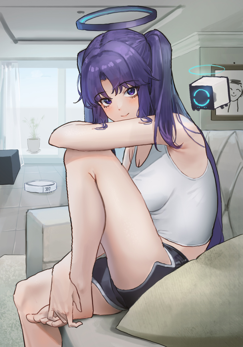 1girl absurdres arona's_sensei_doodle_(blue_archive) bare_legs barefoot black_shorts blue_archive blush dolphin_shorts drone halo highres indoors knee_up looking_at_viewer purple_eyes purple_hair robotic_vacuum_cleaner sensei_(blue_archive) short_shorts shorts sitting smile solo tank_top two_side_up uth_95 white_tank_top yuuka_(blue_archive)