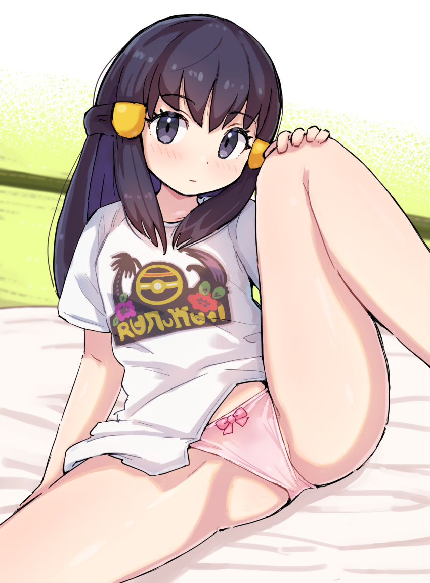 1girl akari_(pokemon) black_hair blush bottomless cameltoe closed_mouth commentary_request eyelashes grey_eyes hair_ornament hairclip highres indoors kutabireta_neko leg_hold long_hair looking_at_viewer panties pink_panties pokemon pokemon_(game) pokemon_legends:_arceus print_shirt shirt short_sleeves sidelocks solo spread_legs t-shirt underwear white_shirt