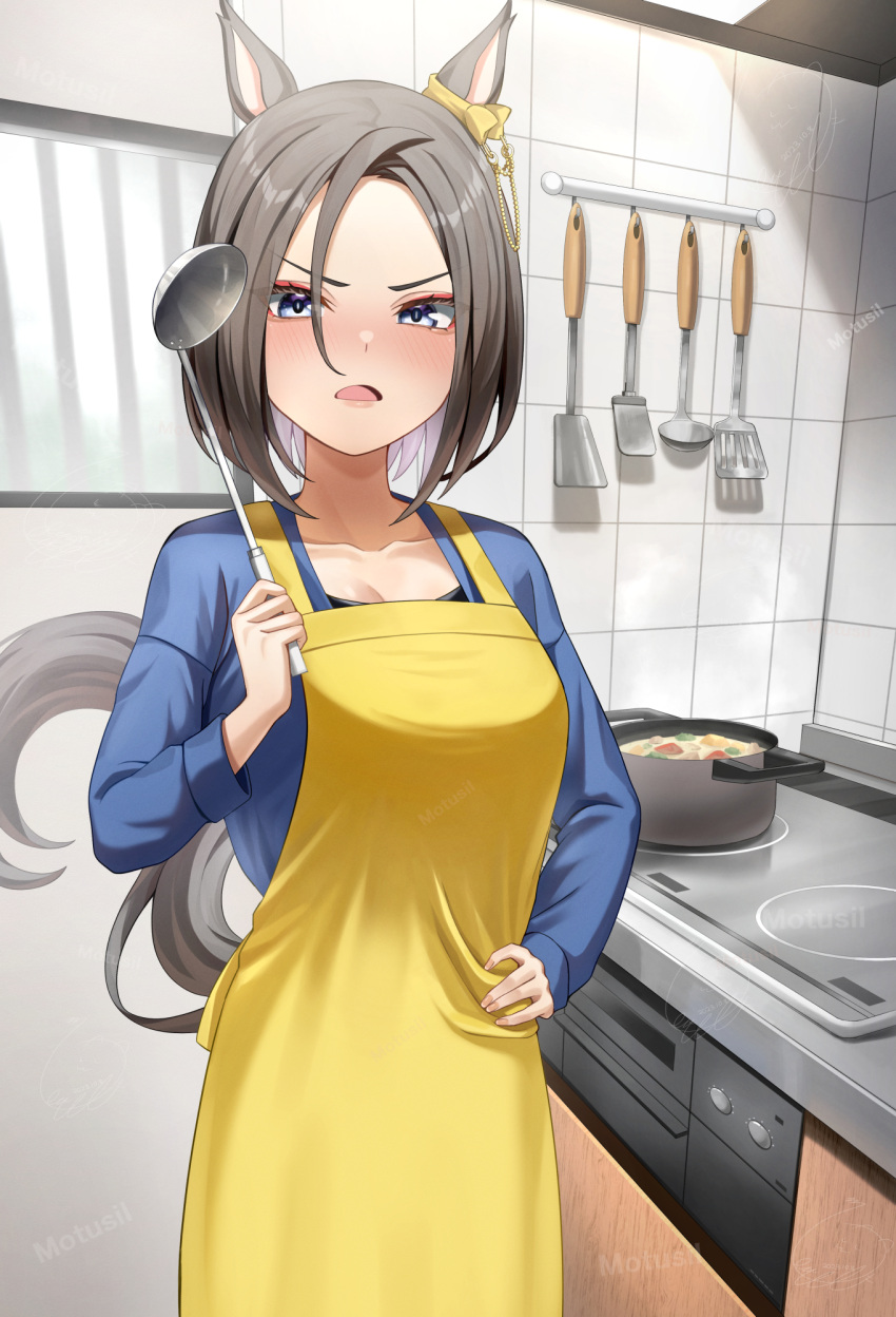 1girl air_groove_(umamusume) alternate_costume animal_ears apron black_hair blue_eyes blush breasts casual cleavage collarbone food hair_ornament highres horse_ears horse_girl horse_tail kitchen looking_at_viewer medium_breasts medium_hair motsushi purple_eyes solo soup stove tail umamusume window