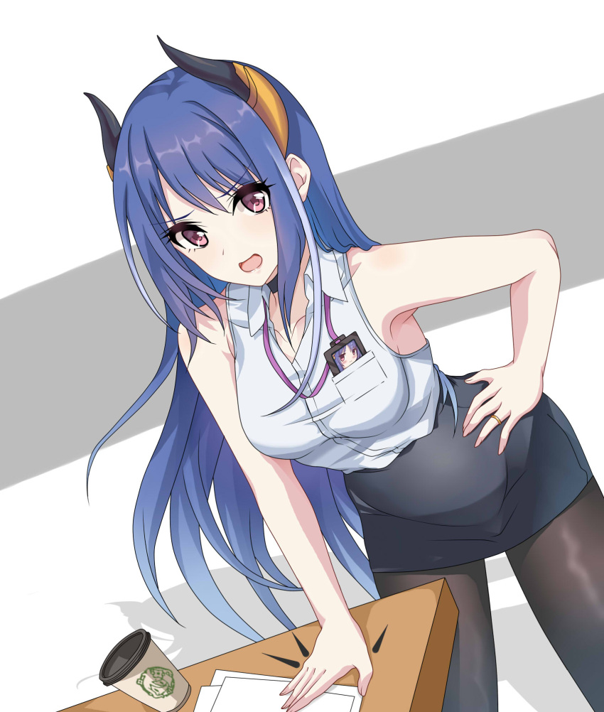 1girl bare_arms black_pantyhose black_skirt blue_hair breasts collared_shirt hand_on_own_hip highres horns id_card jewelry leaning_forward long_hair looking_at_viewer maxwelzy medium_breasts open_mouth pantyhose pencil_skirt princess_connect! purple_eyes rei_(princess_connect!) ring shirt shirt_tucked_in skirt sleeveless sleeveless_shirt solo table white_shirt