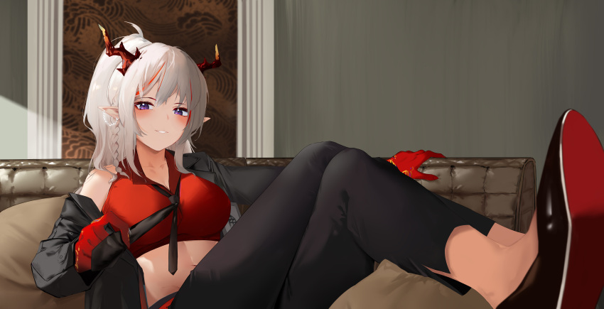 1girl absurdres alternate_costume arknights bare_shoulders black_footwear black_jacket black_pants braid breasts collared_shirt couch crop_top crossed_legs dragon_horns earrings grin highres horns jacket jewelry large_breasts legs_up long_hair long_sleeves looking_at_viewer midriff multicolored_hair necktie necktie_grab neckwear_grab nian_(arknights) off_shoulder on_couch open_clothes open_jacket pants pointy_ears ponytail purple_eyes red_shirt shirt shoes sitting sleeveless sleeveless_shirt smile solo stomach streaked_hair white_hair xiaobei