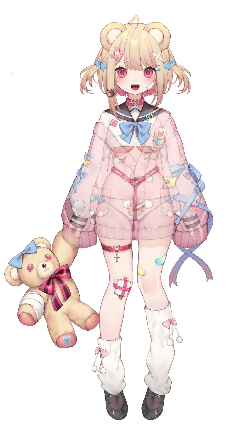 1girl :d absurdres ahoge animal_ears animal_print badge bandaid bandaid_hair_ornament bandaid_on_leg bdsm bear_ears bear_hair_ornament bear_panties bear_print black_bow black_bowtie blonde_hair blue_bow blue_ribbon blush bob_cut bondage bound bow bow_legwear bowtie breasts brown_footwear button_badge cellphone collar cropped_shirt crotch_rope full_body gauze gauze_on_cheek gauze_on_knee grey_sailor_collar hair_bow hair_ornament hairpin heart heart_ahoge heart_o-ring highres holding holding_stuffed_toy ichigotani_ami jacket kneehighs knees_together_feet_apart lace-up_sleeves loafers looking_at_viewer loose_socks medium_breasts moriyama_meiko o-ring o-ring_thigh_strap object_in_pocket official_art panties partially_unbuttoned phone pill_hair_ornament pink_bow pink_collar pink_eyes pink_jacket pocket print_panties ribbon sailor_collar school_uniform serafuku shoes short_hair sidelocks single_off_shoulder skindentation sleeves_past_fingers sleeves_past_wrists smartphone smile socks solo standing stardust_project stuffed_animal stuffed_toy sweater_jacket tachi-e teddy_bear teeth thigh_strap tongue transparent_background two_side_up underboob underwear virtual_youtuber white_panties white_serafuku white_socks x-ray x_hair_ornament