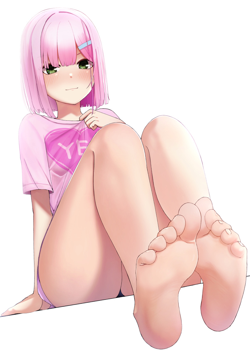 1girl :3 absurdres arm_at_side bare_legs barefoot blunt_bangs blush bob_cut closed_mouth commentary_request eyelashes eyes_visible_through_hair feet foot_focus foreshortening green_eyes hair_between_eyes hair_ornament hairclip hand_up heart heart_print highres knees_up legs legs_together looking_at_viewer medium_hair mesugaki nose_blush pink_hair pink_shirt revision seductive_smile shirt short_sleeves simple_background sitting smile soles solo straight_hair tanikaze_amane tenshi_souzou tft_(tft7822) thighs toenails toes white_background yes