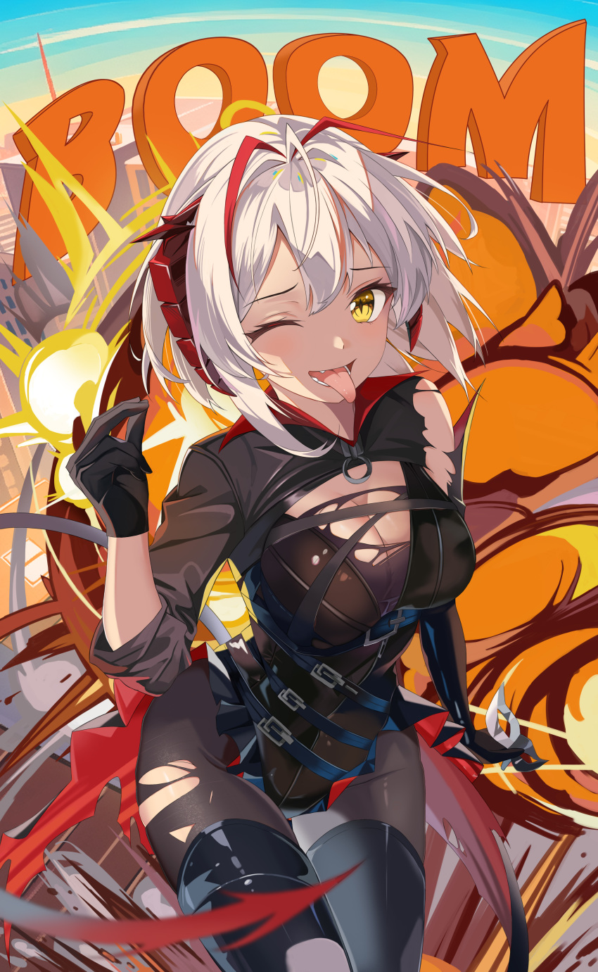 1girl absurdres ambience_synesthesia arknights auguste black_gloves black_pantyhose breasts cleavage demon_girl demon_horns explosion gloves grey_hair highres horns large_breasts looking_at_viewer one_eye_closed open_mouth pantyhose short_hair smile solo tongue tongue_out torn_clothes torn_pantyhose w_(arknights) yellow_eyes