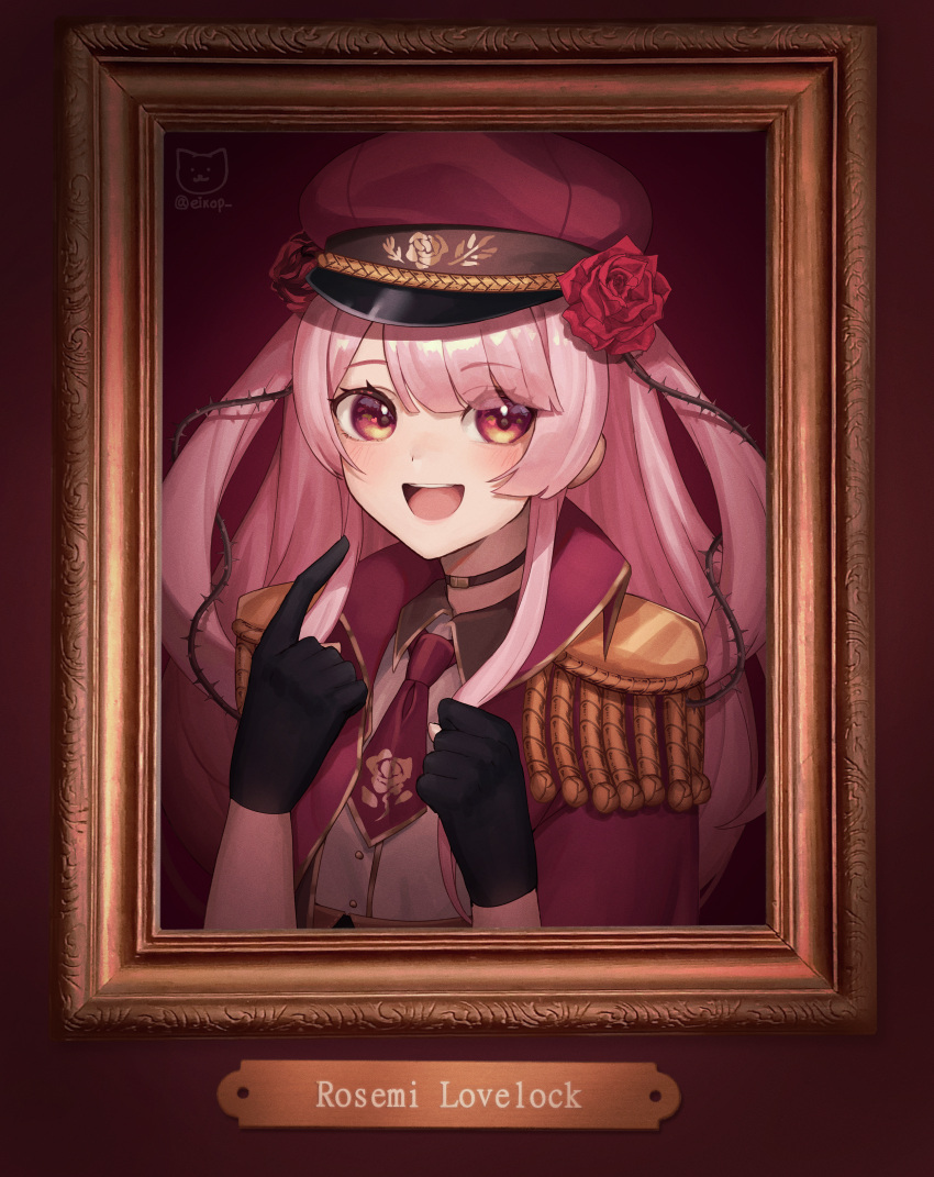 1girl absurdres artist_logo black_choker black_gloves character_name choker coat eikochipp epaulettes floral_print flower gloves hair_flower hair_ornament hat heart heart_in_eye highres long_hair military_uniform necktie nijisanji nijisanji_en open_mouth peaked_cap picture_frame pink_hair pointing pointing_at_self red_coat red_eyes red_flower red_headwear red_necktie red_rose rose rose_print rosemi_lovelock shirt short_necktie symbol_in_eye thorns twitter_username uniform upper_body virtual_youtuber white_shirt