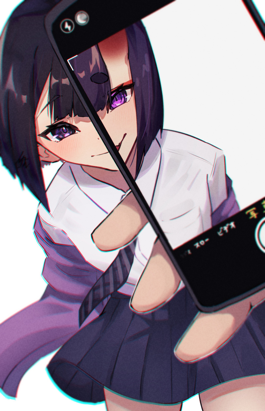 1girl absurdres black_hair blue_skirt bob_cut breasts cellphone_picture collared_shirt dress_shirt eyeliner fate/grand_order fate_(series) highres horns izanaware_game jacket long_sleeves looking_at_viewer makeup necktie oni oni_horns pleated_skirt purple_eyes purple_hair purple_jacket shirt short_hair shuten_douji_(fate) skin-covered_horns skirt small_breasts smile solo white_shirt