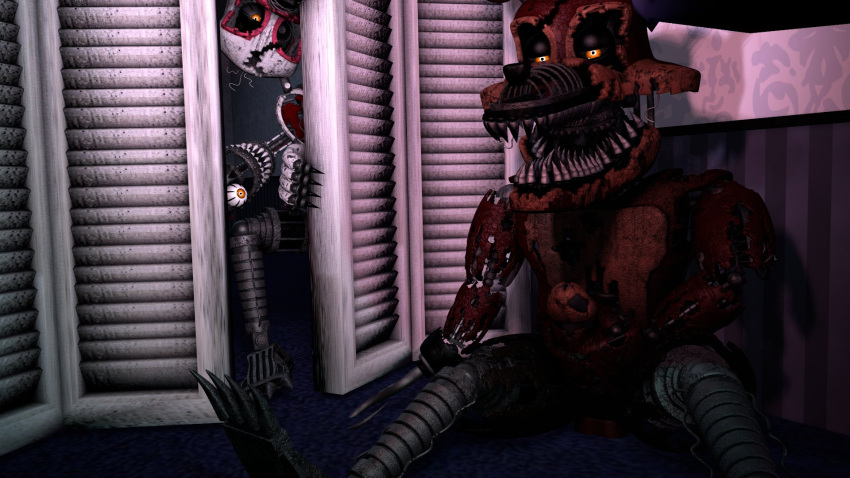 3d_(artwork) animatronic being_watched canid canine claws closet digital_media_(artwork) duo endoskeleton female five_nights_at_freddy's five_nights_at_freddy's_4 fox foxofnightmares grey_body hi_res hook humanoid hypersstash6000 looking_at_another machine male male/female mammal masturbation nightmare_foxy_(fnaf) nightmare_mangle_(fnaf) pirate red_body robot scottgames sharp_claws sharp_teeth teeth wardrobe white_body yellow_eyes
