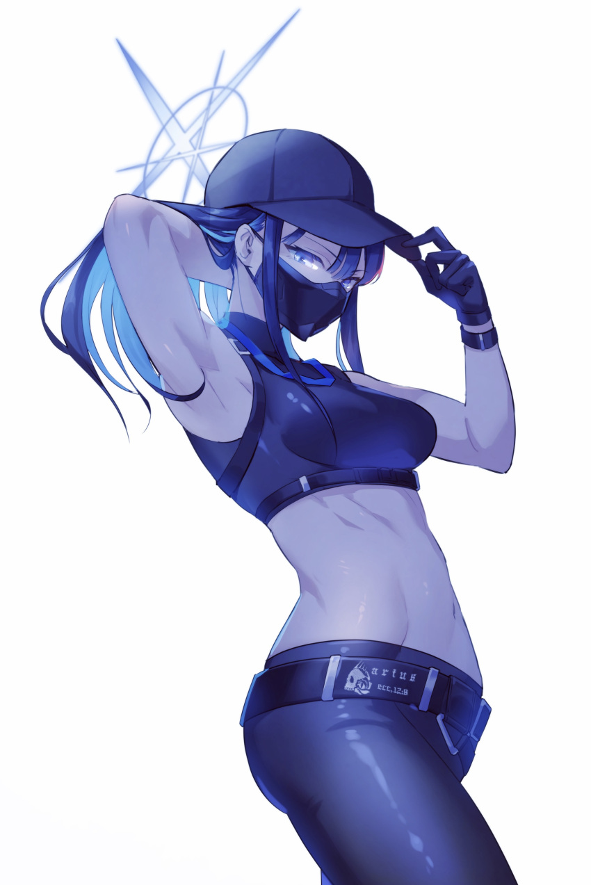 1girl absurdres arm_behind_head arm_up armpits bare_shoulders baseball_cap belt black_belt black_gloves black_hair black_headwear black_mask black_pants black_shirt blue_archive blue_eyes blue_hair breasts chest_harness commentary_request cowboy_shot crop_top gloves groin hair_between_eyes halo harness hat highres long_hair looking_at_viewer mask medium_breasts midriff mouth_mask multicolored_hair navel no_coat pants partial_commentary saori_(blue_archive) shirt simple_background sleeveless sleeveless_shirt snap-fit_buckle solo standing stomach suyasuya_(user_tjnw5554) two-tone_hair underbust white_background