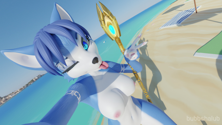 3d_(artwork) absurd_res ball beach beach_ball blender_(software) blender_cycles blue blue_body blue_eyes blue_fur blue_hair breasts bubbshalub canid canine digital_media_(artwork) exposed_breasts fox fur hair hi_res inflatable kaylafox krystal krystal's_staff mammal nintendo seaside selfie star_fox