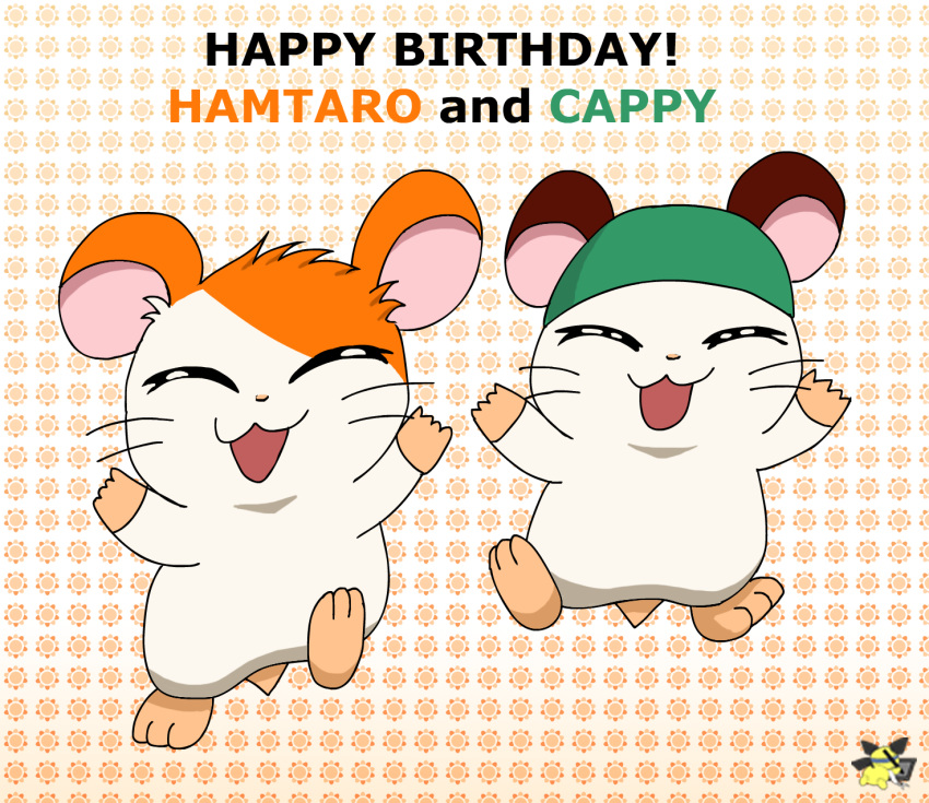 2023 artist_logo cappy_(hamtaro) clothing cricetid duo eyes_closed feral fur green_clothing green_hat green_headwear hamster hamtaro hamtaro_(series) happy happy_birthday hat headgear headwear hi_res logo male mammal orange_body orange_fur pattern_background pichu90 rodent simple_background smile tan_body tan_fur