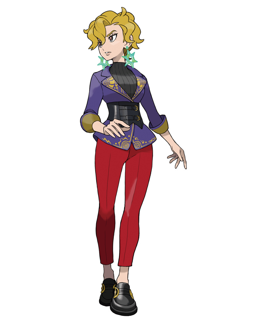 blonde_hair briar_(pokemon) bright_pupils earrings formal full_body grey_eyes highres jacket jewelry looking_to_the_side official_art pant_suit pants pokemon pokemon_(game) pokemon_sv red_pants short_hair sleeves_rolled_up suit wavy_hair white_pupils