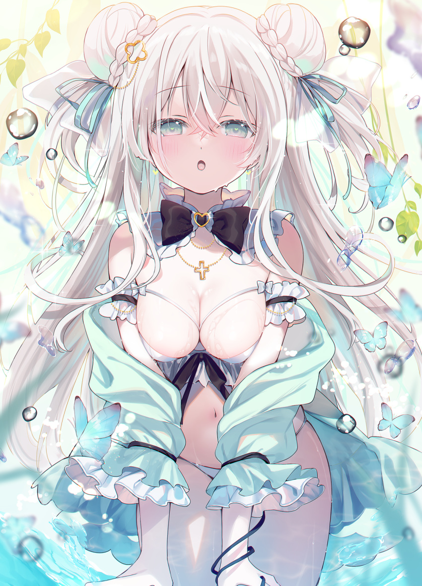 1girl :o ame_usari animal bikini black_bow blue_eyes blue_jacket blue_ribbon blush bow braid breasts bug butterfly cleavage commentary_request double_bun grey_hair hair_between_eyes hair_bun hair_ornament hair_ribbon heart heart-shaped_pupils highres jacket leaning_forward long_hair long_sleeves looking_at_viewer medium_breasts off_shoulder open_clothes open_jacket original parted_lips ribbon solo swimsuit symbol-shaped_pupils very_long_hair water wet white_bikini