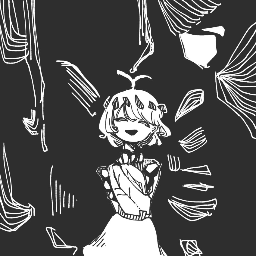 1girl 3ma_can_omochi animal_print antennae arms_behind_back black_background bug butterfly butterfly_print butterfly_wings closed_eyes dress eternity_larva hair_ornament highres leaf leaf_hair_ornament leaf_on_head limited_palette monochrome open_mouth short_hair smile touhou wings