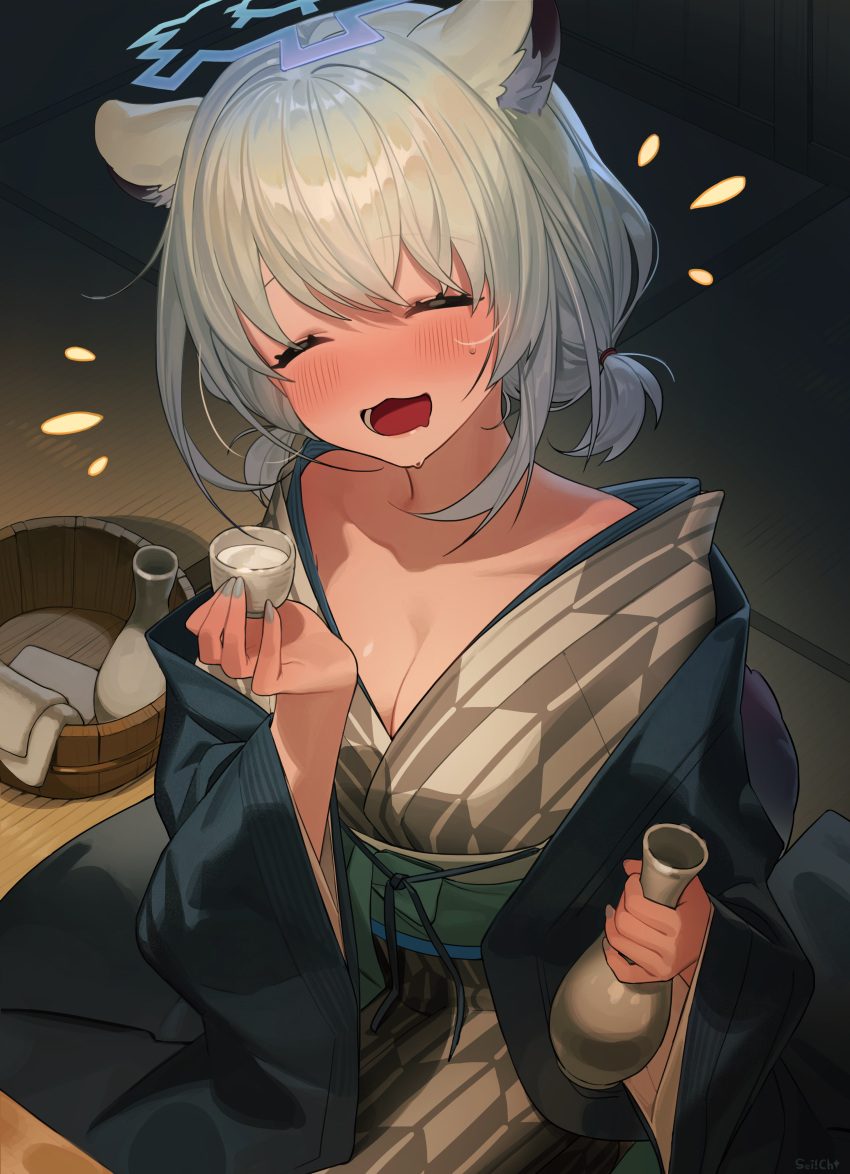 1girl absurdres animal_ears bath_yukata blue_archive breasts cleavage closed_eyes cup green_hair highres holding japanese_clothes kimono official_alternate_costume open_mouth sei!cho shigure_(blue_archive) shigure_(hot_spring)_(blue_archive) short_hair smile solo tail tokkuri weasel_ears weasel_tail yukata