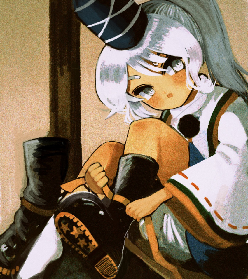 1girl :o black_footwear bloomers blue_skirt boots commentary_request full_body grey_eyes hat hell0120 highres holding holding_ribbon japanese_clothes kariginu knees_up long_hair looking_at_viewer mononobe_no_futo open_mouth pom_pom_(clothes) ponytail putting_on_boots ribbon ribbon-trimmed_sleeves ribbon_trim single_boot skirt socks solo tate_eboshi touhou underwear white_hair white_socks wide_sleeves