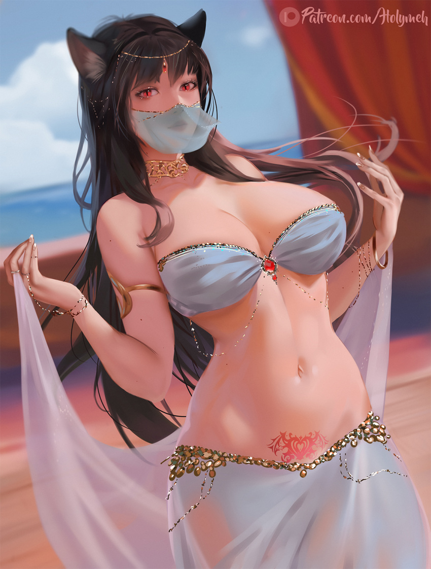 1girl animal_ears arabian_clothes armlet avatar_(ff14) bandeau blurry blurry_background bracelet breasts brown_hair cat_ears choker dutch_angle final_fantasy final_fantasy_xiv head_chain highres holy_meh jewelry large_breasts lips long_hair looking_at_viewer miqo'te mouth_veil navel pubic_tattoo red_eyes see-through solo strapless tattoo veil