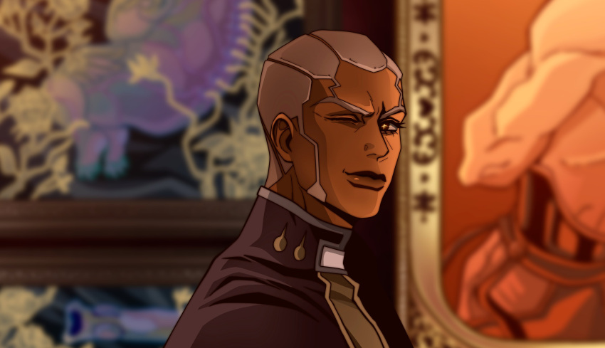 +_+ 1boy absurdres blurry close-up dark-skinned_male dark_skin depth_of_field enrico_pucci highres jojo_no_kimyou_na_bouken looking_at_viewer mrg_dm one_eye_closed solo stone_ocean the_young_pope white_hair